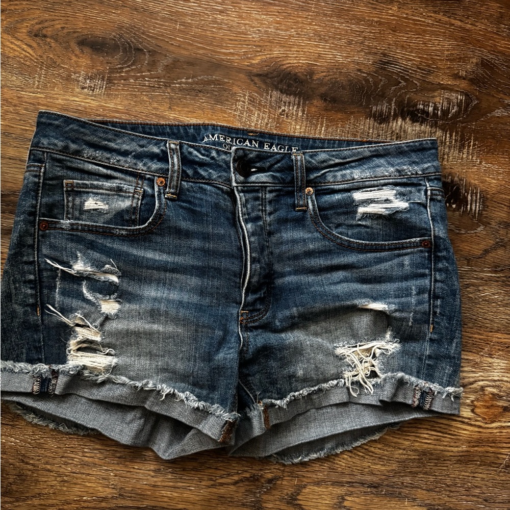 American Eagle Outfitters Women's Ripped Jean Shorts - Dark Blue